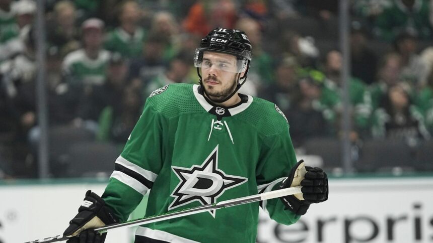 Dallas Stars center Logan Stankoven prepares for a face off against the Edmonton Oilers in Game 1 of the NHL hockey Western Conference Stanley Cup playoff finals, Thursday, May 23, 2024, in Dallas. (AP Photo/Tony Gutierrez)