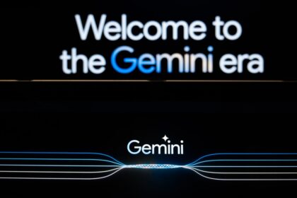 In this photo illustration a Gemini logo and a welcome message on Gemini website are displayed on two screens.