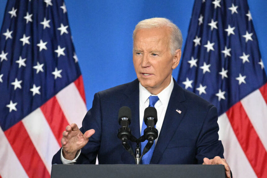 President Joe Biden speaks during a press conference at the close of the 75th NATO summit at the Walter E. Washington Convention Center on Thursday.