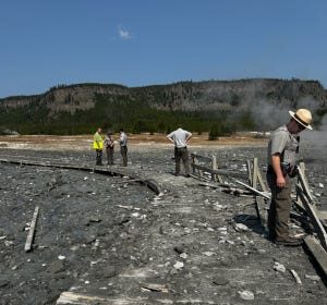 The Biscuit Basin thermal area in Yellowstone National Park is temporarily after a hydrothermal explosion occurred Tuesday July 23, 2024.