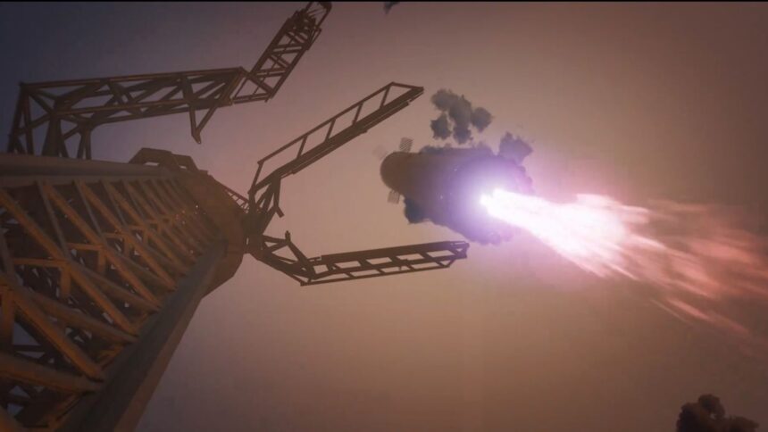 Still from an animation showing a SpaceX Starship Super Heavy booster being caught by the