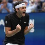 Taylor Fritz, of the United States, reacts after defeating Alexander Zverev, of Germany, during the quarterfinals of the U.S. Open tennis championships, Tuesday, Sept. 3, 2024, in New York.