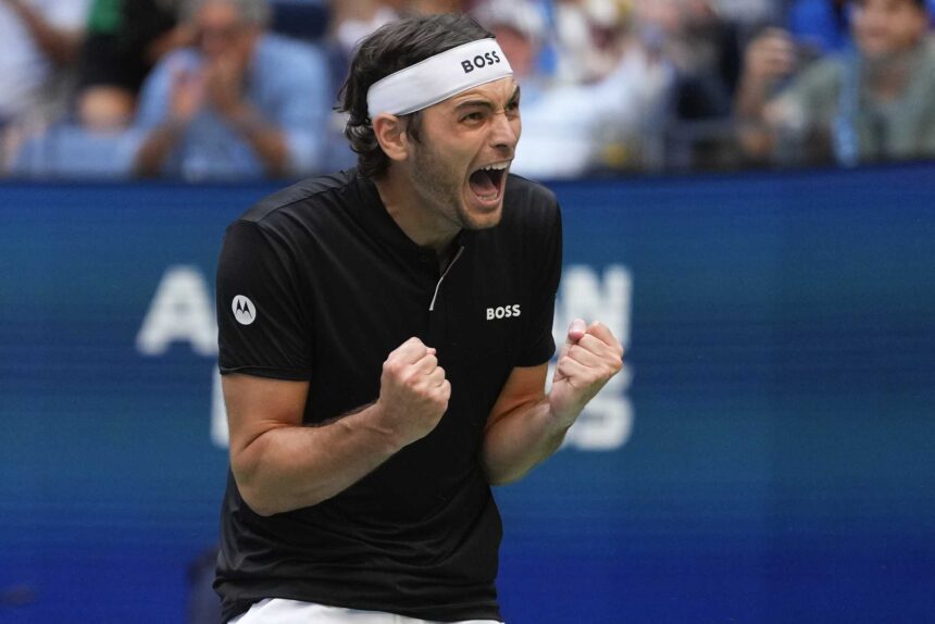 Taylor Fritz, of the United States, reacts after defeating Alexander Zverev, of Germany, during the quarterfinals of the U.S. Open tennis championships, Tuesday, Sept. 3, 2024, in New York.