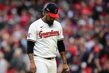 Cleveland Guardians pitcher Emmanuel Clase walks off the field after being taken out of the game in the ninth inning during Game 2 of baseball's AL Division Series against the Detroit Tigers, Monday, Oct. 7, 2024, in Cleveland. (AP Photo/David Dermer)